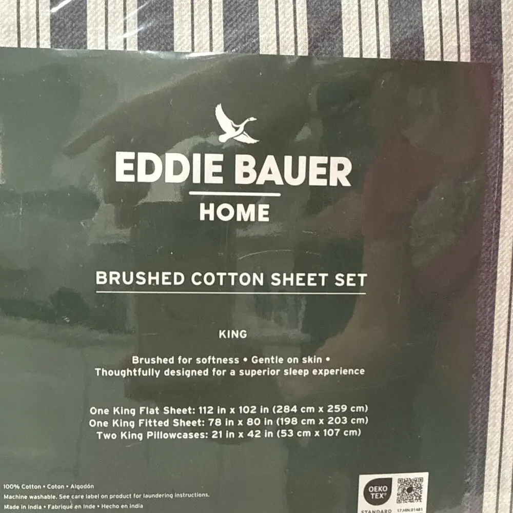 4 pc KING Size Eddie Bauer VINTAGE STRIPE Gray 100% Brushed Cotton Sheet Set NEW